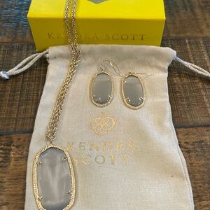 Kendra Scott mother of pearl gold earrings and long necklace.